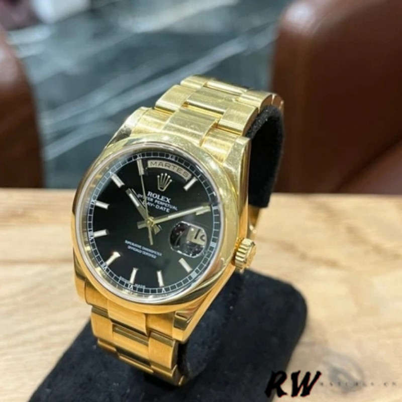 Rolex Day-Date 118208 Black Arab Dial Yellow Gold 36mm Unisex Replica Watch