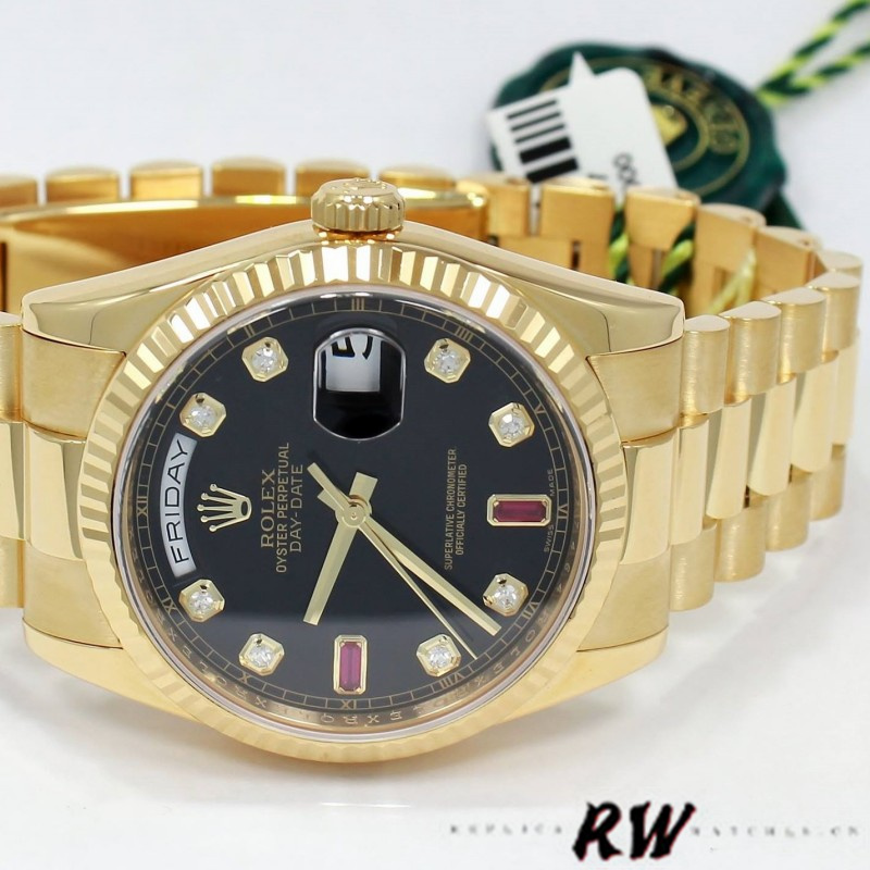 Rolex Day Date 118238 Black Diamond Dial Fluted Bezel 36mm Mens Replica Watch