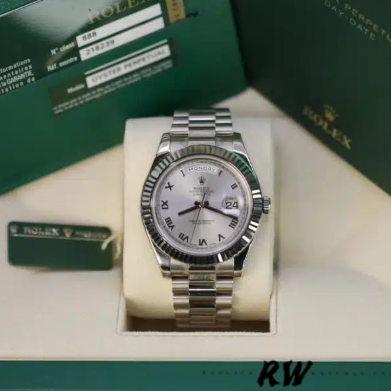 Rolex Day-Date 218239 Silver Roman Numerals Dial White Gold 41MM Mens Replica Watch