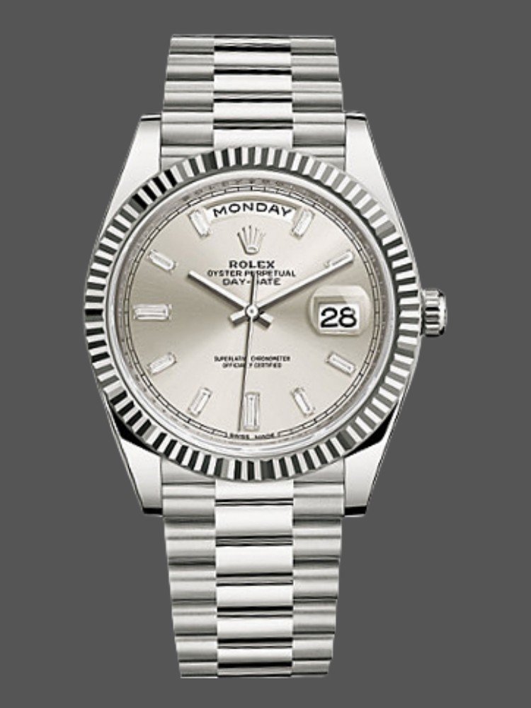 Rolex Day-Date 228239 Silver Baguette Diamond Dial Fluted Bezel 40mm Mens Replica Watch