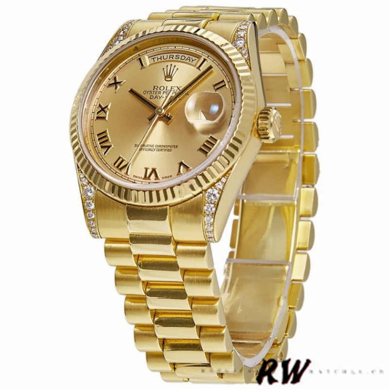Rolex Day-Date 118338 Champagne Roman Dial Diamond Bezel 36MM Unisex Replica Watch