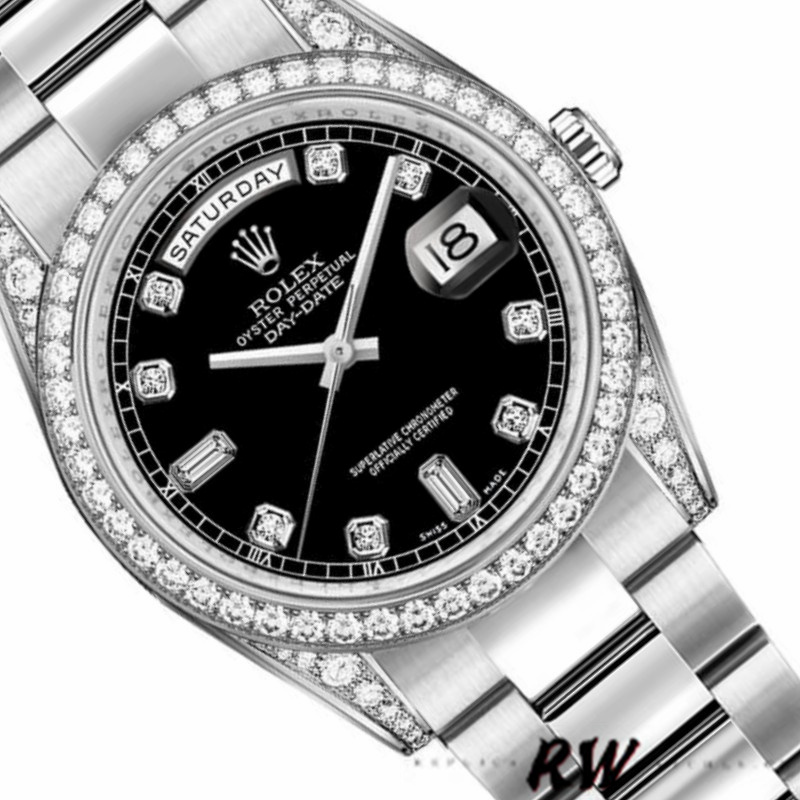Rolex Day-Date 118389 Diamond Bezel Black Diamond Dial 36MM Unisex Replica Watch