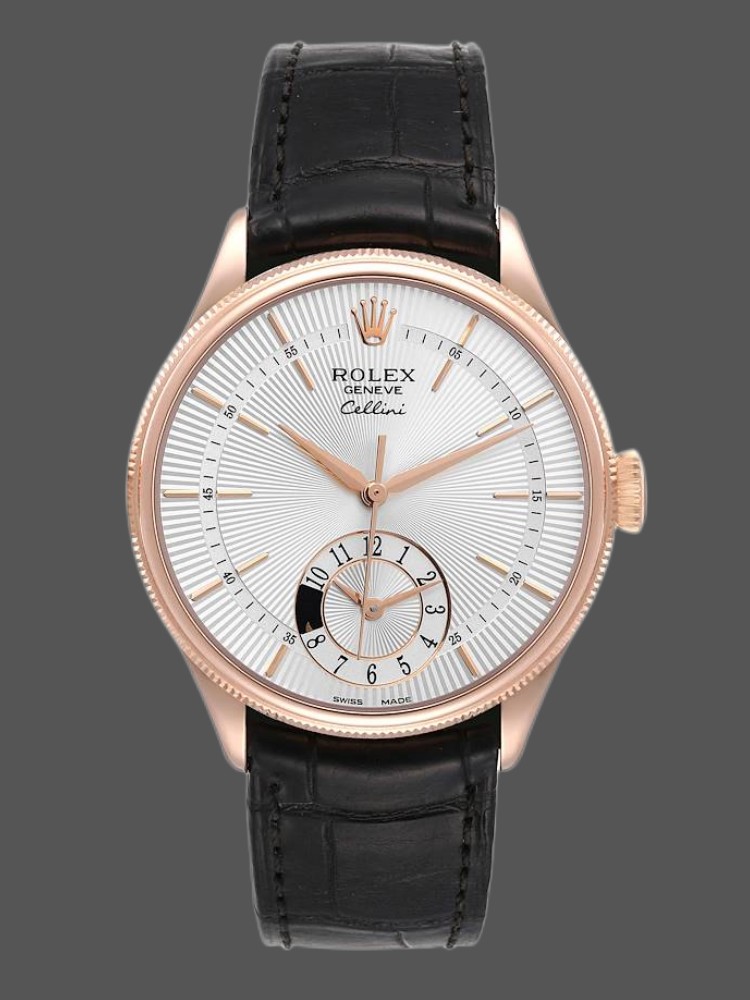Rolex Cellini Dual Time 50525 Silver Dial Black Leather Strap 39mm Mens Replica Watch
