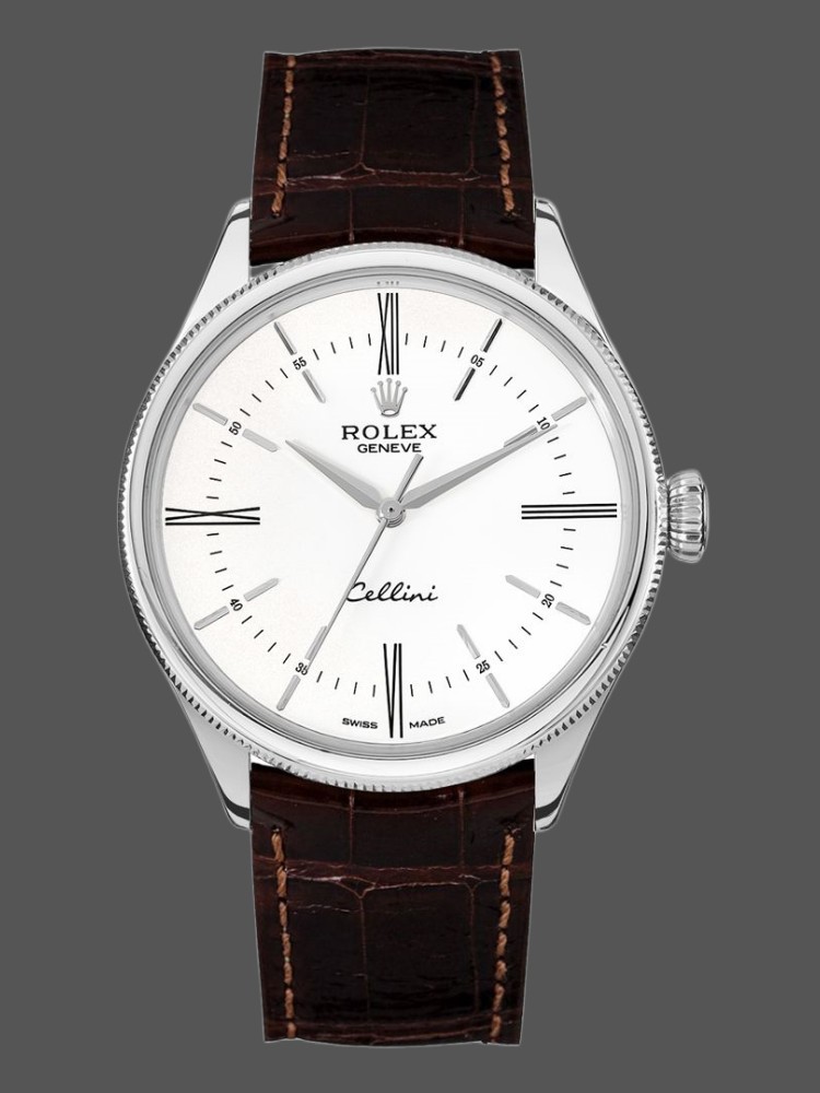 Rolex Cellini Time 50509 Brown Leather Strap White Dial 39mm Mens Replica Watch