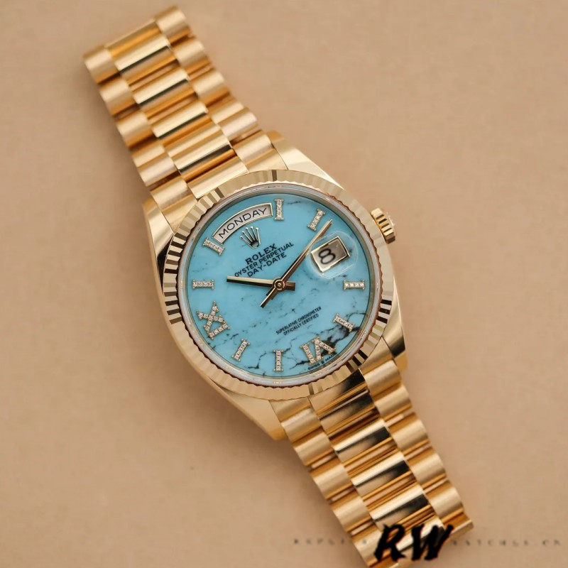 Rolex Day-Date 128238 Fluted Bezel Turquoise Diamond Dial 36MM Unisex Replica Watch