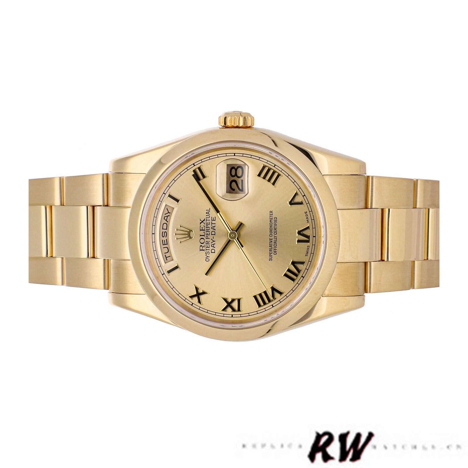 Rolex Day-Date 118208 Yellow Gold Champagne Dial Roman Numerals 36mm Unisex Replica Watch