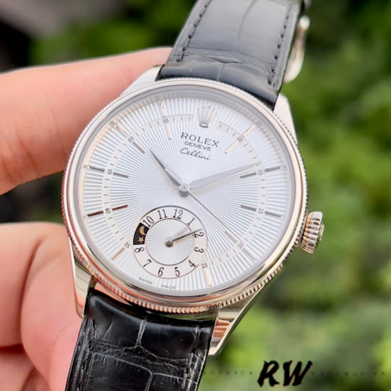 Rolex Cellini Dual Time 50529 Silver Sunburst Dial Black Leather Strap 39mm Mens Replica Watch