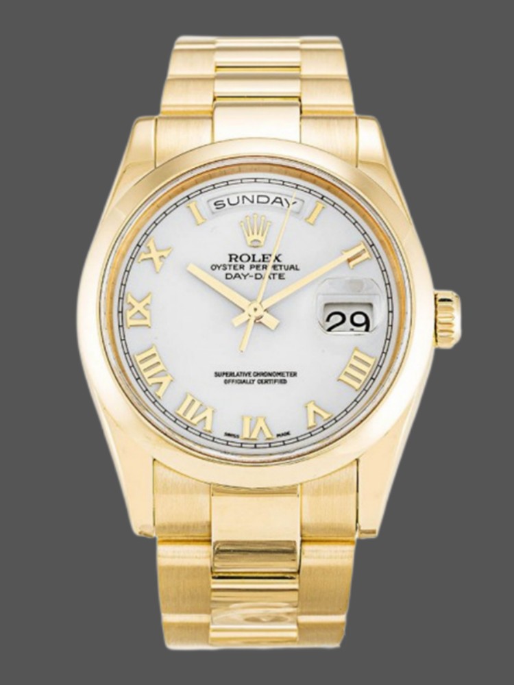 Rolex Day-Date 118208 Yellow Gold White Dial Roman Numeral 36mm Unisex Replica Watch