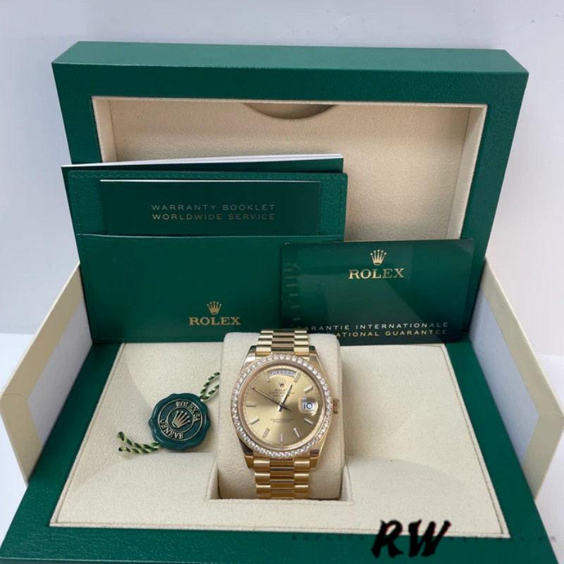 Rolex Day-Date 228348RBR Champagne Index Dial Diamond Bezel 40mm Mens Replica Watch