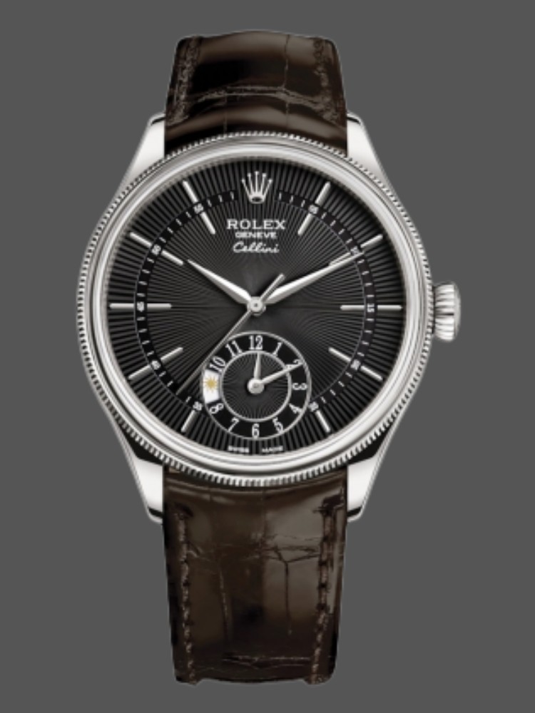 Rolex Cellini Dual Time 50529 Black Dial Brown Leather Strap 39mm Mens Replica Watch