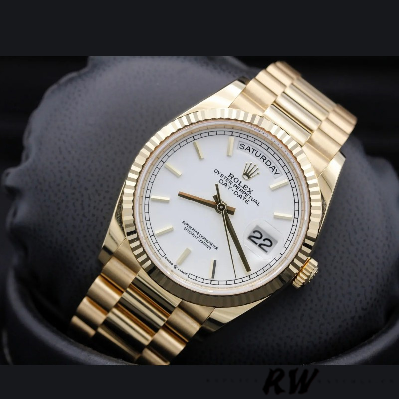 Rolex Day-Date 36MM 128238 0081 Fluted Bezel White Index Dial Unisex Replica Watch