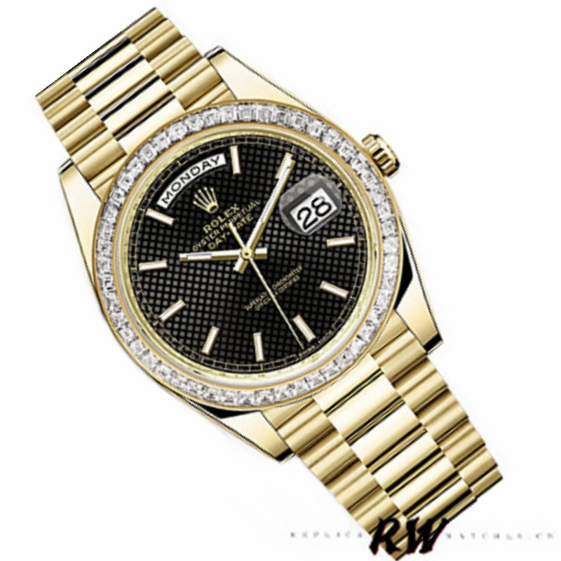 Rolex Day-Date 228398TBR Black Diagonal Motif Dial Diamond Bezel 40mm Mens Replica Watch
