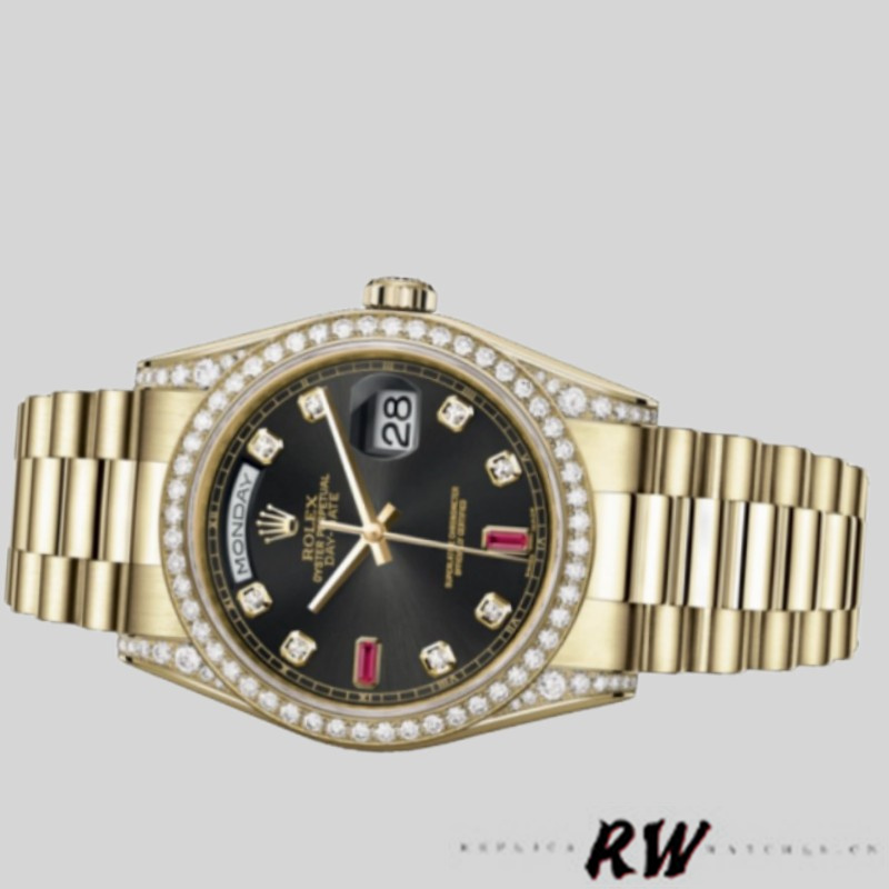Rolex Day-Date 118388 Yellow Gold Black Diamond Rubies Dial 36mm Unisex Replica Watch
