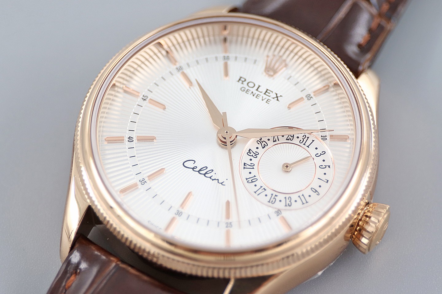 Rolex Cellini Date Rose Gold Silver Crocodile Leather Strap 50515 39mm Mens Replica Watch