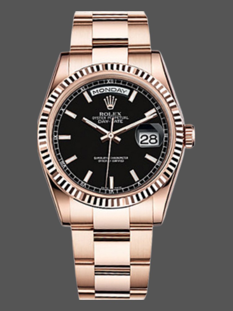 Rolex Day-Date 118235 Black Dial Fluted Bezel 36mm Unisex Replica Watch