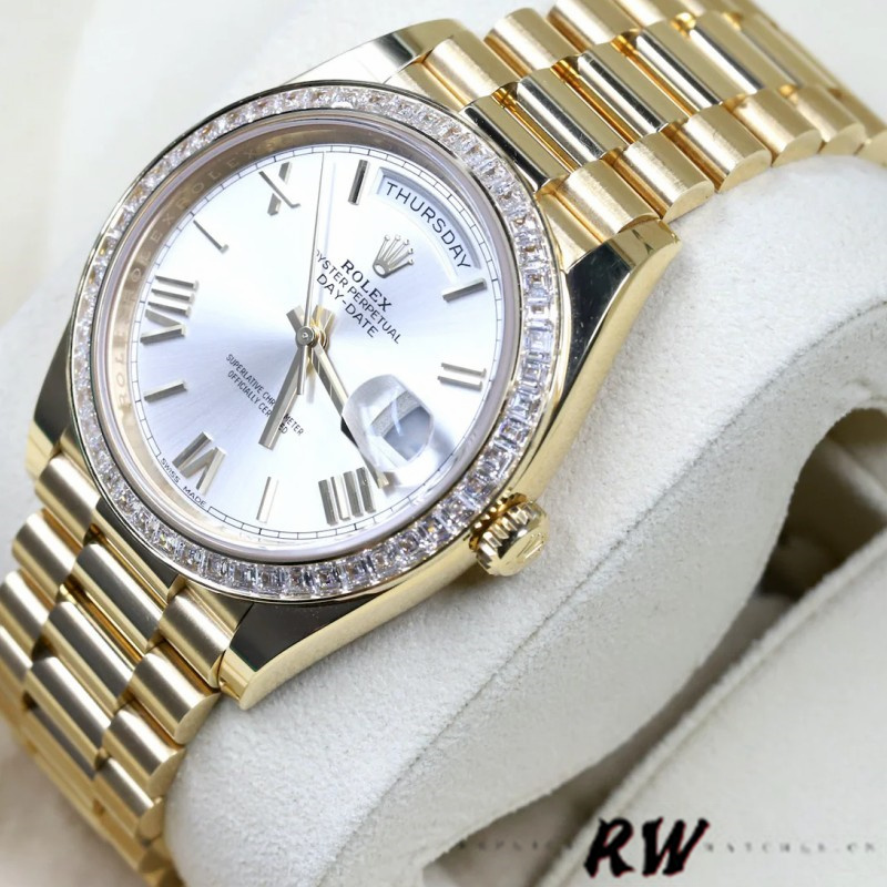 Rolex Day-Date 228398TBR Silver Roman Numeral Dial Diamond Bezel 40mm Mens Replica Watch