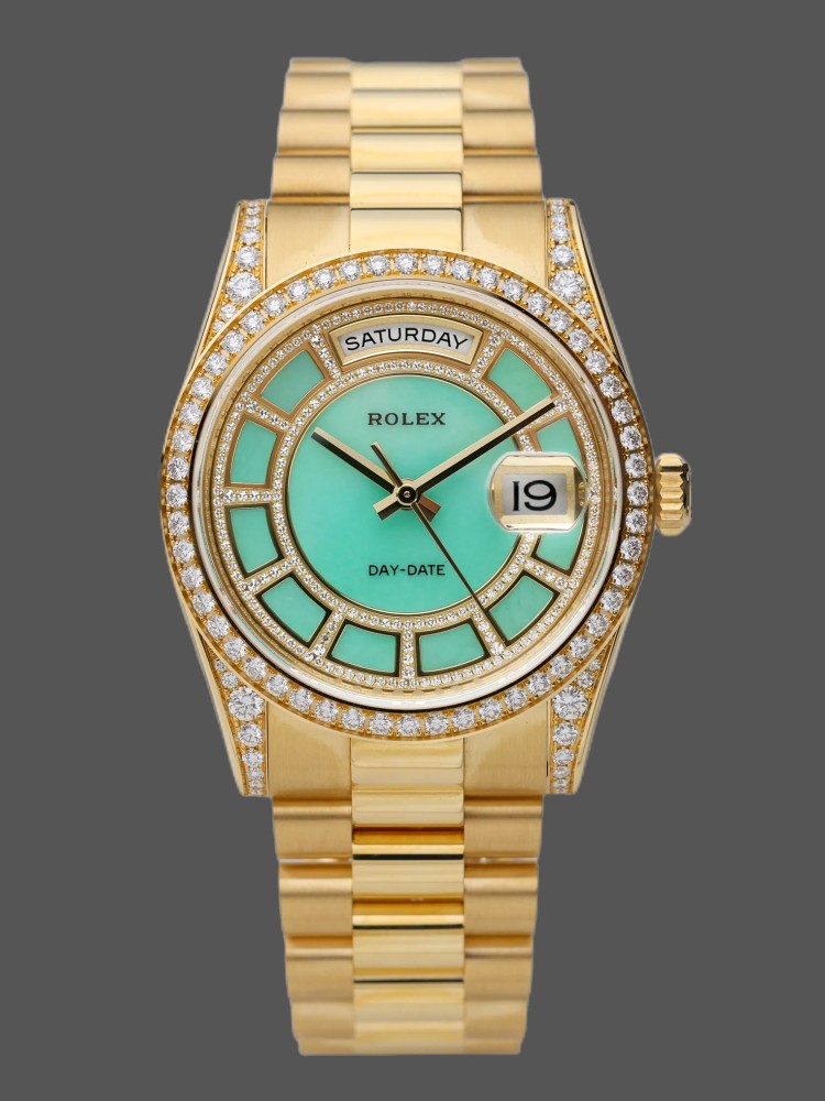 Rolex Day-Date 118388 Yellow Gold Green Diamond Diamond Dial 36MM Unisex Replica Watch