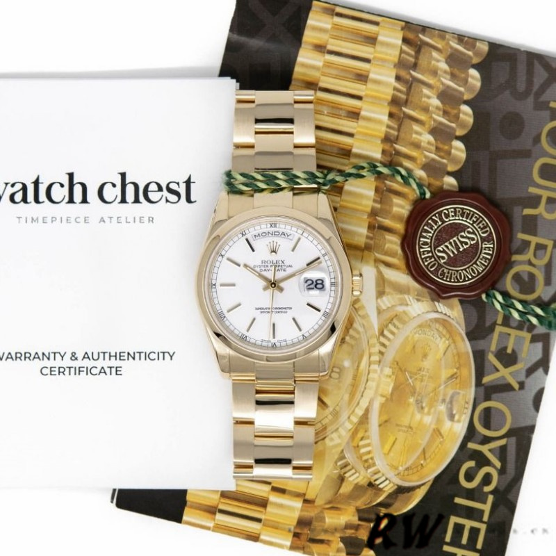 Rolex Day-Date 118208 White Dial Yellow Gold 36mm Unisex Replica Watch