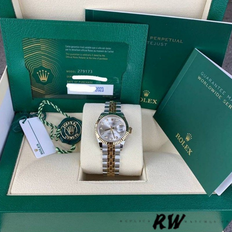 Rolex Datejust 279173 Silver Diamond Dial Fluted Bezel 28mm Lady Replica Watch