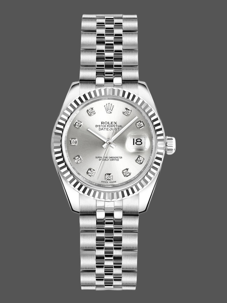 Rolex Datejust 179174 Silver Diamond Dial Fluted Bezel 26MM Lady Replica Watch
