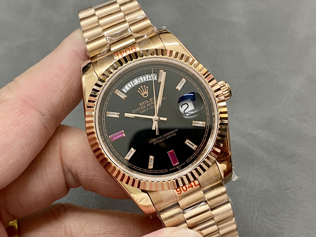 Rolex Day-Date 218235 Diamonds and Rubies Black Dial Rose Gold 41MM Mens Replica Watch