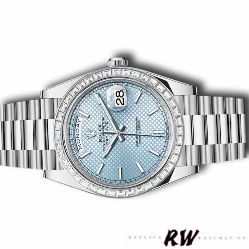 Rolex Day-Date 228396TBR Ice Blue Diagonal Motif Dial Diamond Bezel 40mm Mens Replica Watch