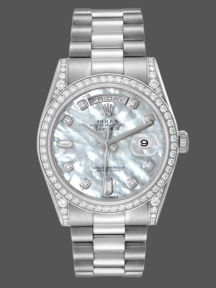 Rolex Day-Date 118389 Diamond Bezel MOP White Dial 36MM Unisex Replica Watch