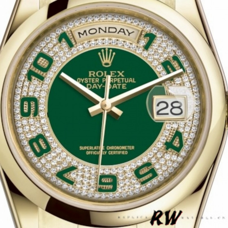 Rolex Day-Date 118208 Yellow Gold Green Diamond Paved Arabic Dial 36mm Unisex Replica Watch