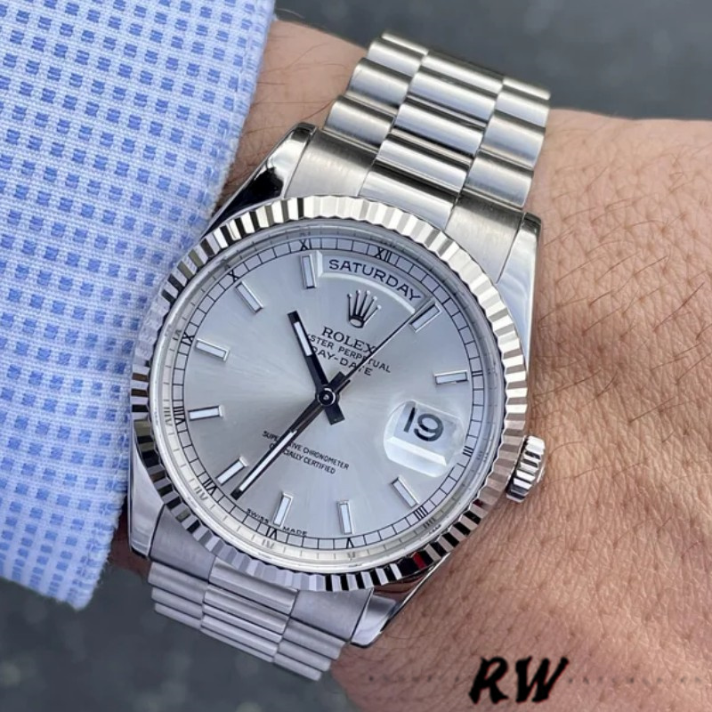 Rolex Day-Date 118239 White Gold White Dial Fluted Bezel 36mm Unisex Replica Watch