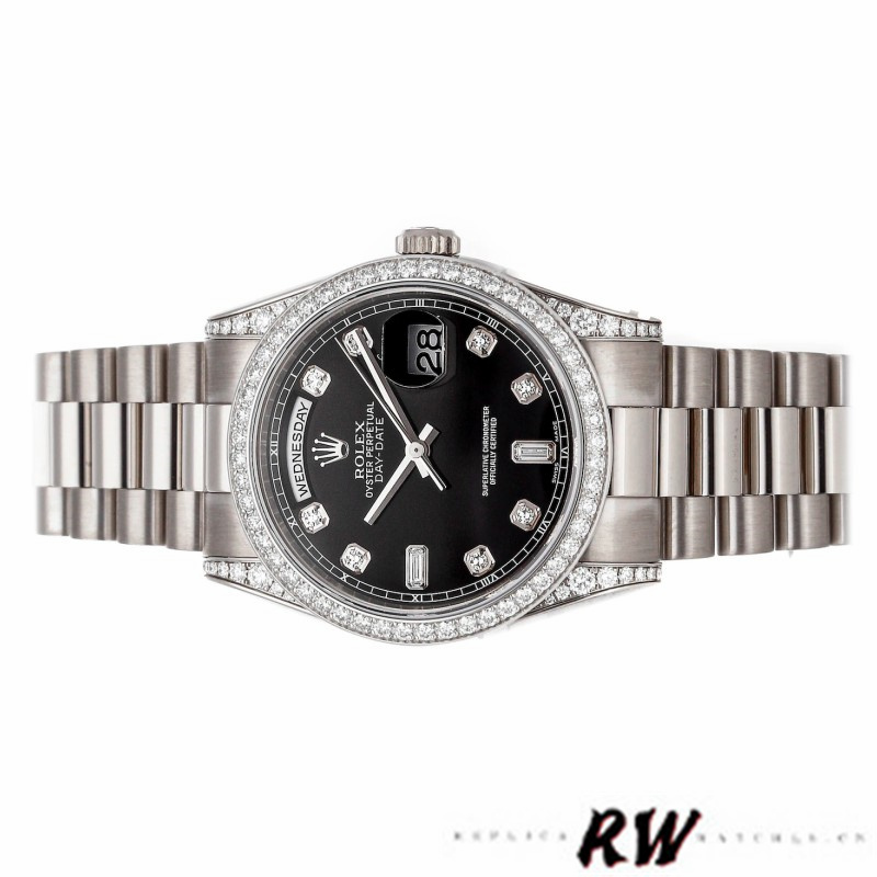 Rolex Day-Date 118389 White Gold Black Diamond Dial 36MM Unisex Replica Watch