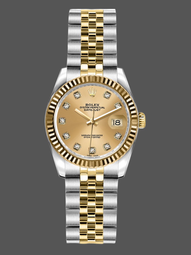 Rolex Datejust 179173 Champagne Diamond Dial Fluted Bezel 26MM Lady Replica Watch