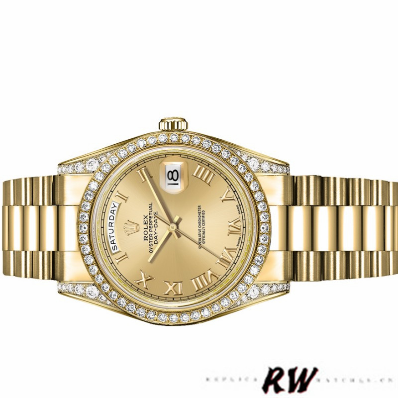 Rolex Day-Date 118388 Diamond Bezel Champagne Roman Numeral Dial 36MM Unisex Replica Watch