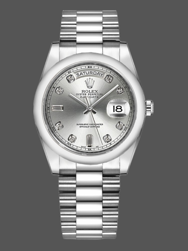 Rolex Day-Date 118209 White Gold Silver Diamond Dial Automatic 36mm Unisex Replica Watch