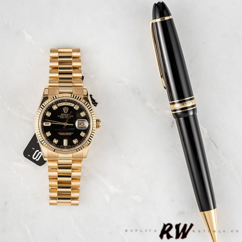 Rolex Day Date 118238 Yellow Gold Black Diamond Dial 36mm Mens Replica Watch