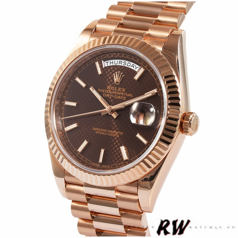 Rolex Day-Date 228235 Chocolate Brown Diagonal Motif Dial Fluted Bezel 40mm Mens Replica Watch