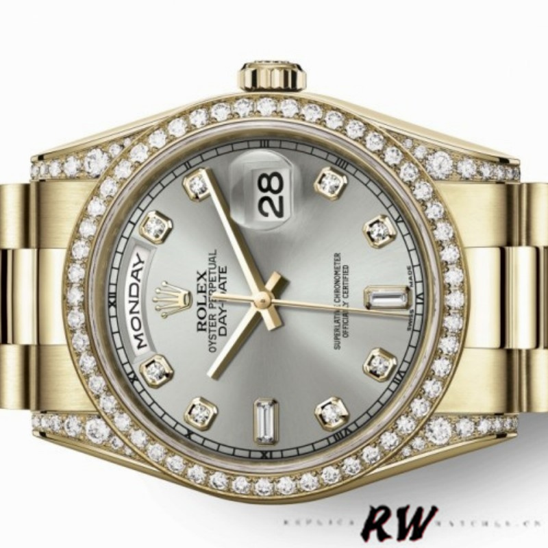 Rolex Day-Date 118388 Yellow Gold Silver Diamond Dial 36MM Unisex Replica Watch