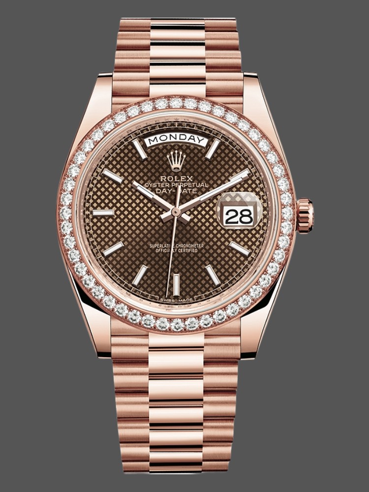 Rolex Day-Date 228345RBR Chocolate Brown Diagonal Motif Dial Diamond Bezel 40mm Mens Replica Watch