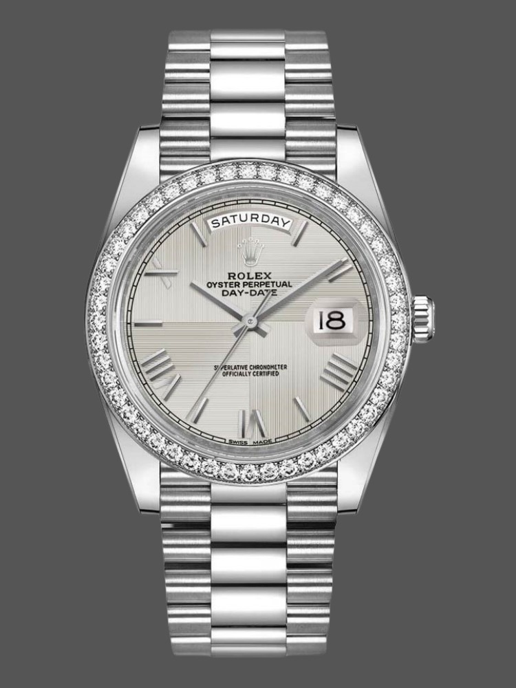 Rolex Day-Date 228349RBR Silver Roman Dial Diamond Bezel 40mm Mens Replica Watch