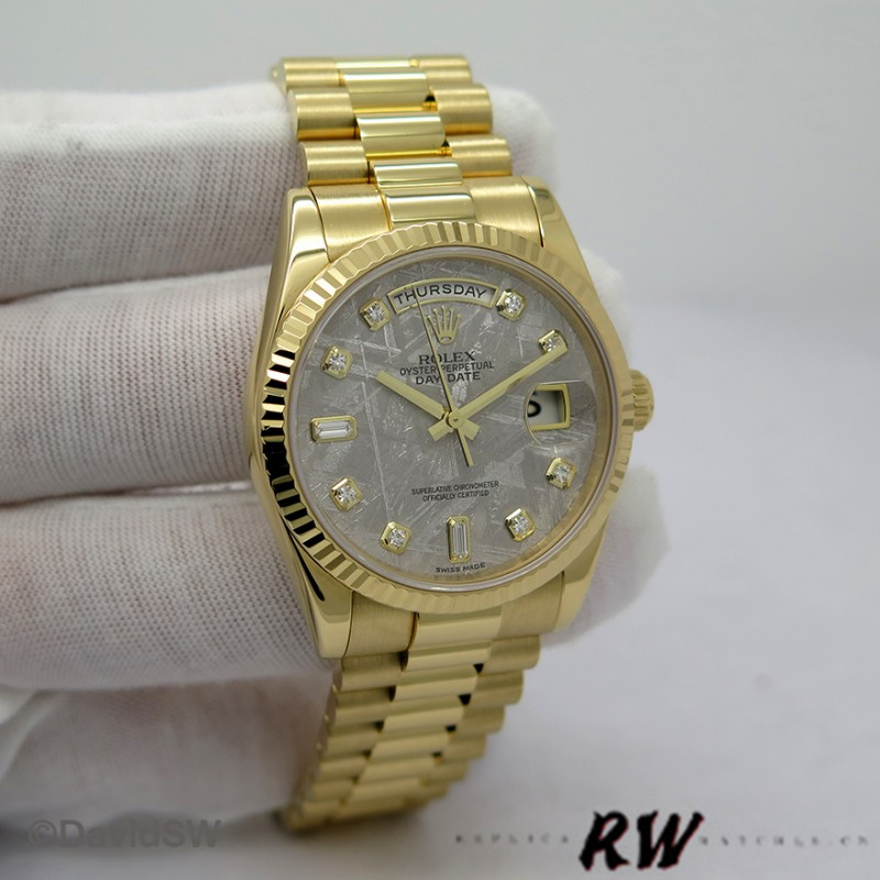 Rolex Day-Date 118238 Yellow Gold Diamond Meteorite Dial 36mm Unisex Replica Watch