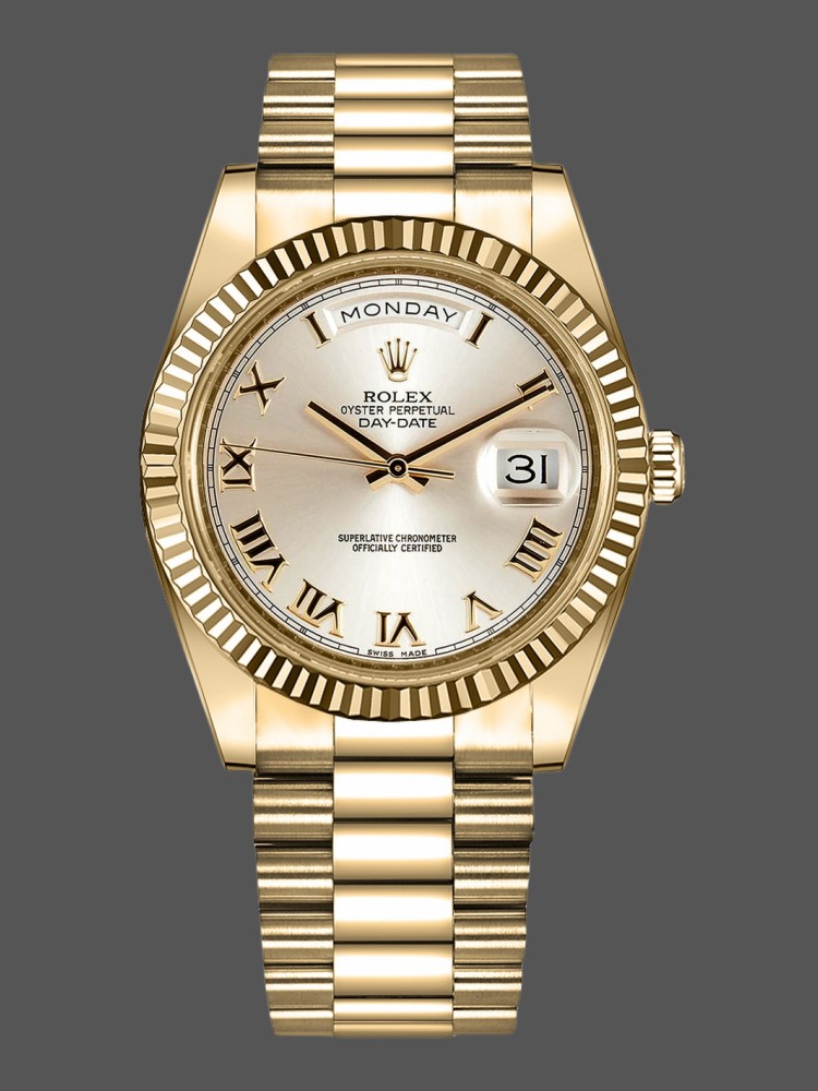 Rolex Day-Date 218238 Silver Roman Numeral Dial Yellow Gold 41MM Mens Replica Watch