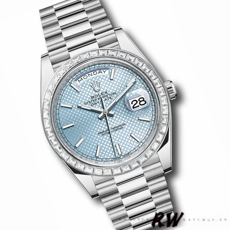 Rolex Day-Date 228396TBR Ice Blue Diagonal Motif Dial Diamond Bezel 40mm Mens Replica Watch