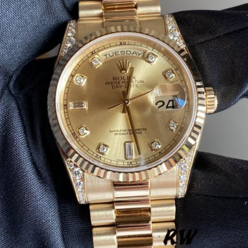 Rolex Day-Date 118338 Yellow Gold Champagne Diamonds Dial 36mm Unisex Replica Watch