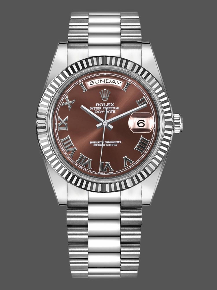 Rolex Day-Date 218239 Chocolate Brown Roman Numerals Dial White Gold 41MM Mens Replica Watch