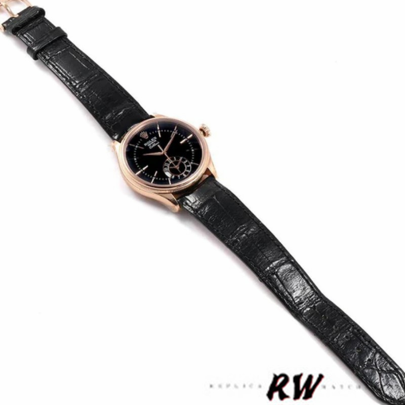 Rolex Cellini Dual Time 50525 Black Dial Black Leather Strap 39mm Mens Replica Watch