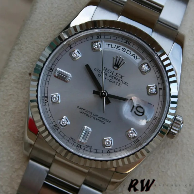 Rolex Day-Date 118239 Silver Diamond Dial fluted bezel 36mm Unisex Replica Watch