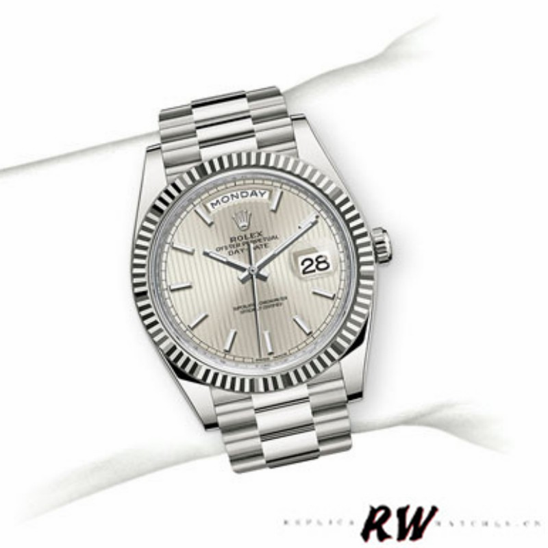 Rolex Day-Date 228239 Silver Stripe Motif Dial Fluted Bezel 40mm Mens Replica Watch
