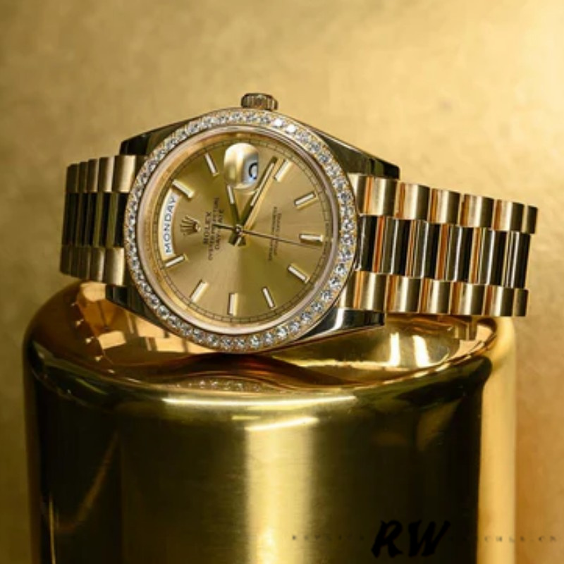 Rolex Day-Date 228348RBR Champagne Index Dial Diamond Bezel 40mm Mens Replica Watch