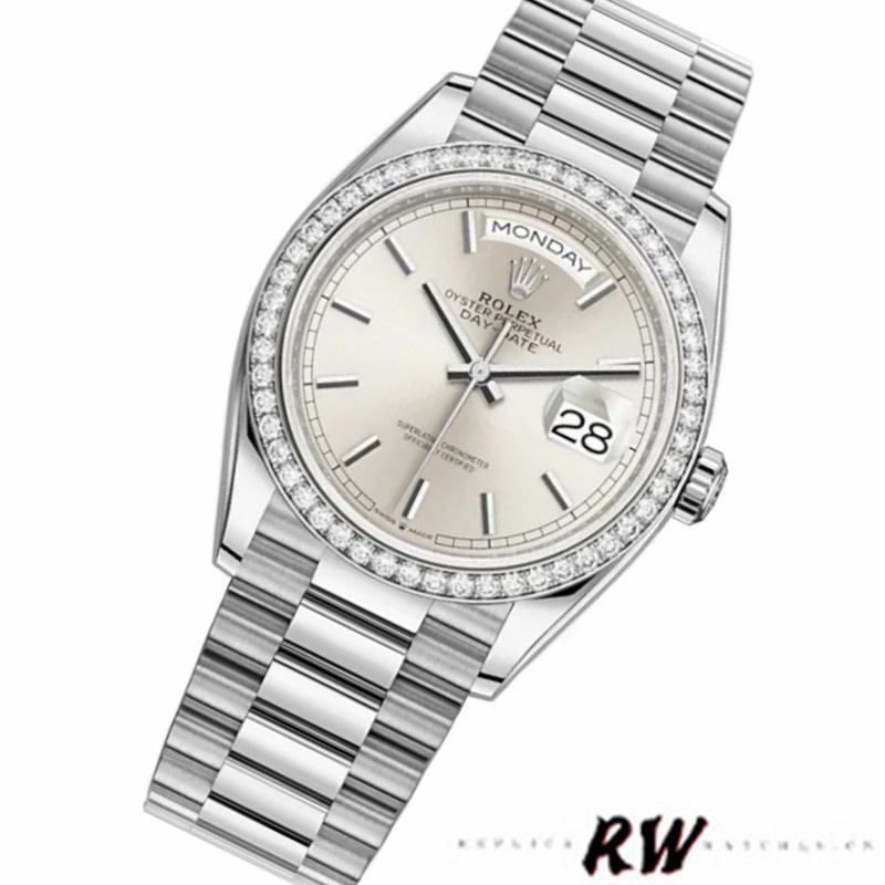 Rolex Day-Date 128349RBR Silver Index Dial Diamond Bezel 36MM Unisex Replica Watch