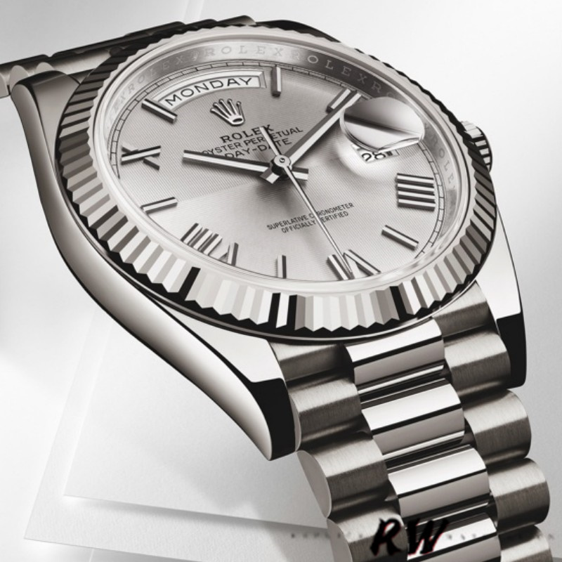 Rolex Day-Date 228239 Silver Quadrant Motif Roman Dial Fluted Bezel 40mm Mens Replica Watch