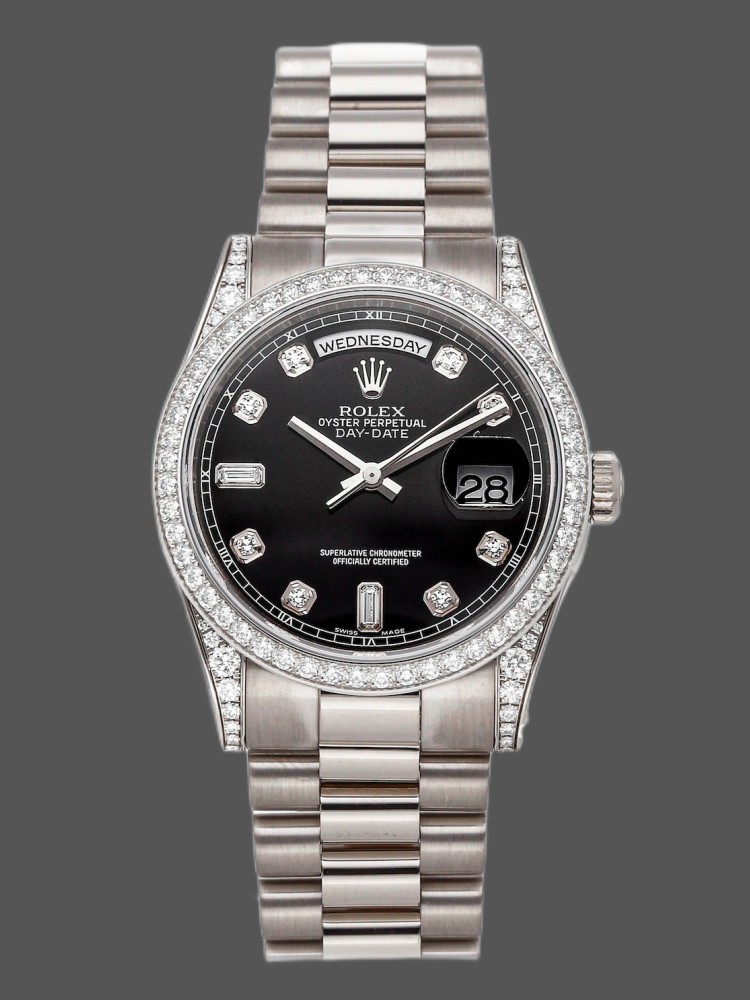 Rolex Day-Date 118389 White Gold Black Diamond Dial 36MM Unisex Replica Watch